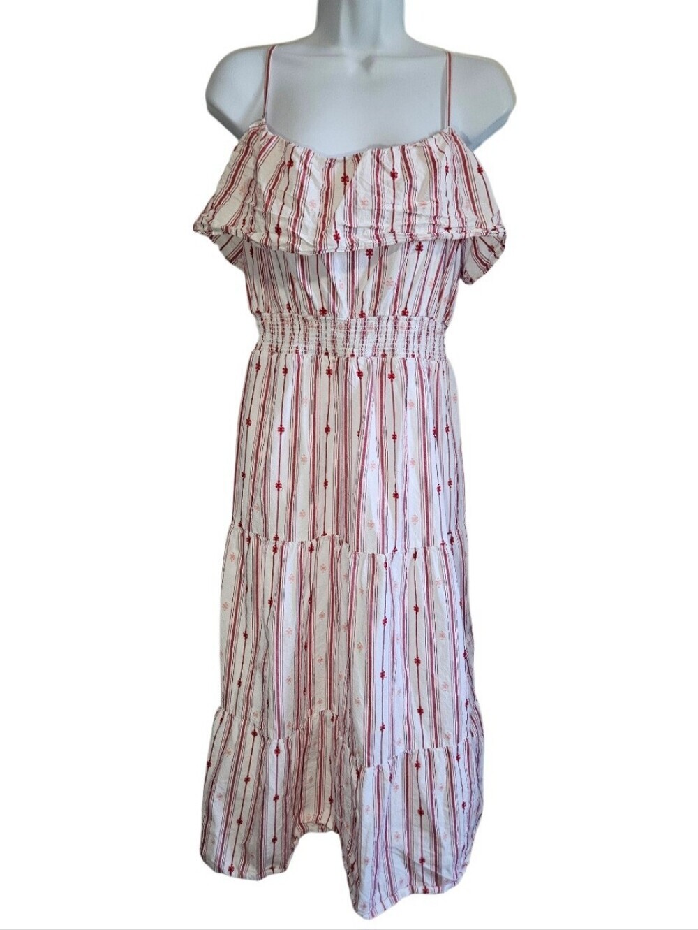 0089 LOFT White Red Striped Tiered Midi Dress Size XL Summer Coastal 100% Cotton